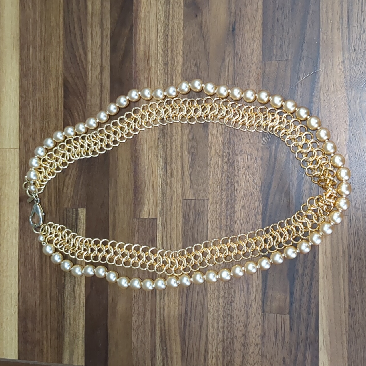 Kenneth Jay Lane Vintage Champagne Faux Pearl & Gold Link Double Strand